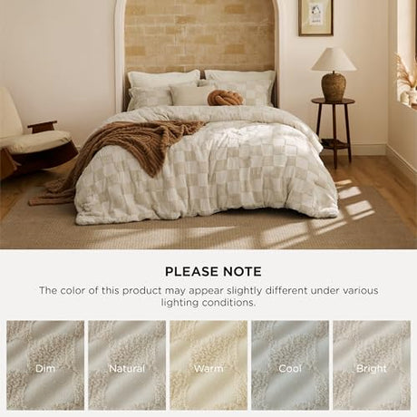 Bedsure Twin/Twin XL Size Comforter Set Beige, Boho Tufted Bed Set, Checkered Farmhouse Shabby Chic Bedding, 2 Pieces, 1 Plaid Geometric Comforter and 1 Pillow Sham Bedsure
