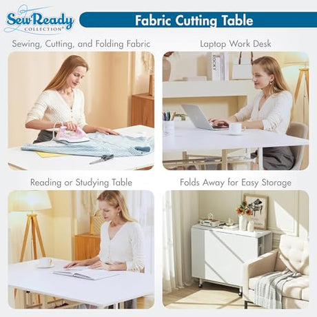Sew Ready Folding Sewing Craft Table with Storage, Adjustable Height Cutting Desk with Drawers and Wheels for Quilting, Fabric, and Hobby Room, White Sew Ready