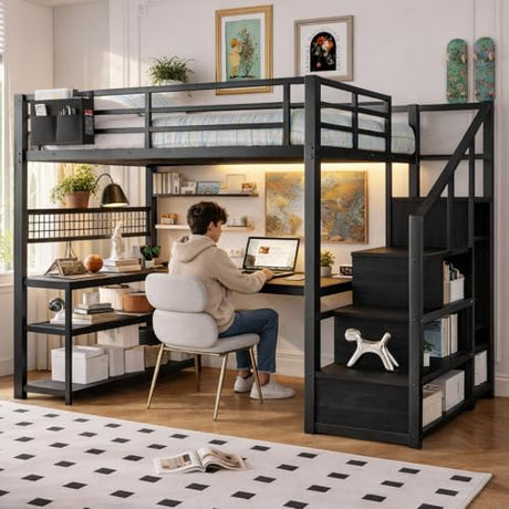 MoproBeti Full Size Loft Bed with Stairs and Desk,Metal Gaming LoftBed with LED Lights,Charging Station, High Loft Beds Frame Full with Storage Shelves,Wardrobe for Teens, Adults, Black MoproBeti