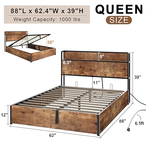 AMERLIFE Queen Size Lift Up Storage Bed Frame with Charging Station in Rustic Brown - WoodArtSupply