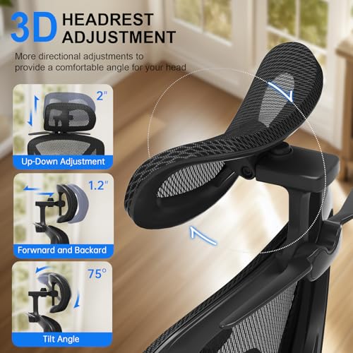 Freepub Ergonomic Mesh Office Chair, Home Desk Chair Comfy with Adjustable Lumbar Support 3D Headrest and Armrests, Reclining Big and Tall High Back Computer Gaming Chairs for Man Women, 350lbs Black Freepub