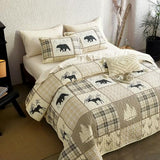 Wake In Cloud - Rustic Quilt Set, Cabin Lodge Christmas Bear Moose Deer Woodland Western Patchwork Country, Reversible Lightweight Bedspread Coverlet, 3 Pieces, Tan Cream, Queen/Full Size Wake In Cloud