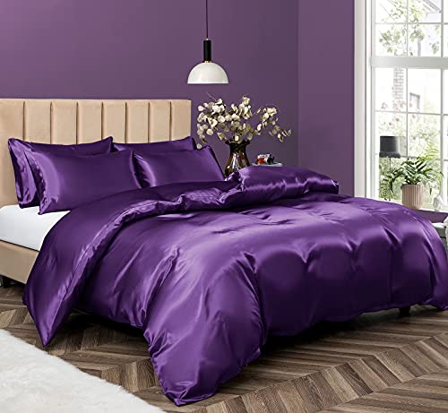 P Pothuiny 5 Pieces Satin Duvet Cover Full/Queen Size Set, Luxury Silky Like Purple Duvet Cover Bedding Set with Zipper Closure, 1 Duvet Cover + 4 Pillow Cases (No Comforter) P Pothuiny