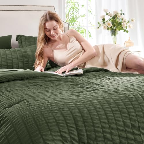 CozyLux Full Size Comforter Sets with Sheets Seersucker 7 Pieces Olive Green Bed in a Bag Textured Luxury Soft Bedding Set with Down Alternative Comforter, Sheets, Pillowcases & Shams for All Seasons CozyLux