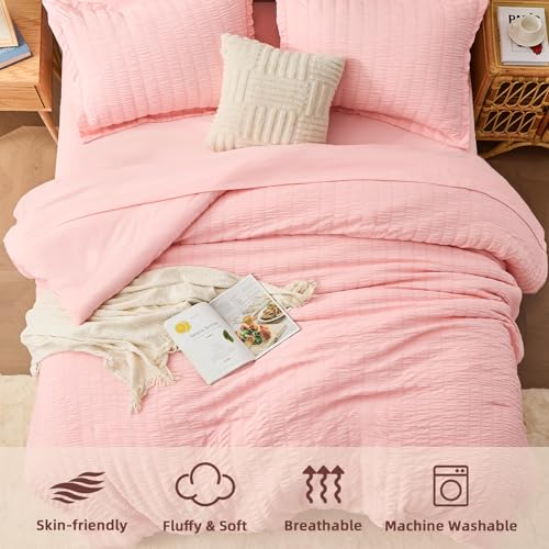 FUANNA Pink Full Size Comforter Sets 7 Pieces, Luxury Seersucker Bed in a Bag Full for All Seasons, Soft Bed Sets with Comforter, Flat Sheet, Fitted Sheet, Pillowcases & Shams for Bedroom FUANNA
