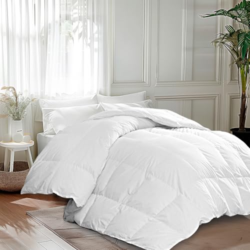 Martha Stewart Goose Feather Down Fiber Cotton Comforter Queen Size, Feather Duvet Insert Queen, Hotel Collection Hypoallergenic Comforter 58oz All Season Medium Warmth 90 x 90 Inch White Martha Stewart