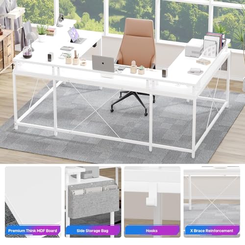 U Shaped Desk, 79" Reversible L Shaped Desk and Long Gaming Desk with Storage Shelf & Power Outlets & LED Lights, Corner Computer Desk with Monitor Stand and Side Storage Bag for Home Office, White TROPOW