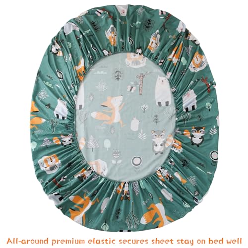 JSD Green Forest Animals Kids Sheet Set Twin Size, 3 Piece Woodland Printed Microfiber Bed Sheets Deep Pocket JSD