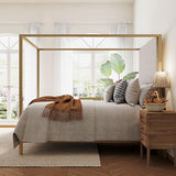 Merax Queen Size Gold Metal Canopy Bed Frame, 76.5" Tall Linen Upholstered Headboard, 4-Poster Bed with 800 lbs Capacity, Box Spring Required for Bedroom, Gold+Tan