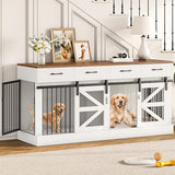 SELOOYE Dog Crate Furniture for 2 Dogs 71'' Extra Large Wooden Double Dog Crate TV Stand with Removable Divider, Multi-Functional Dog Cage with 4 Storage Drawers & 4 Doors for Large & Medium Dogs SELOOYE