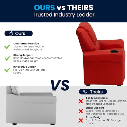 Flash Furniture Vana Vinyl Kids Recliner with Cup Holder, Headrest, and Safety Recline, Contemporary Reclining Chair for Kids, Supports up to 90 lbs., Red