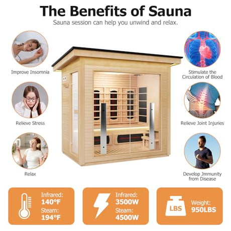 3-4 Person Hybrid Home Wood Sauna, Outdoor WiFi Control Traditional Hemlock Steam & Far Infrared Saunas Spa Room with Red Light Therapy, 11 Heaters& Electric Stove, Accessories Included, Leftdoor Smartmak