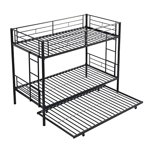 KEIKI Twin Over Twin Size Metal Detachable Bunk Bed Frame with Ladder, Trundle and Guardrail, Modern Style Bunk Beds with Slats, No Box Spring Required, Easy Assembly, for Bedroom or Dormitory, Black KEIKI