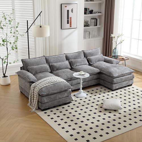 6 Seater Overstuffed Modular Sectional Sofa Cloud Couch with Double Chaise Lounge, U Shaped Chenille Upholstered Leisure Sofa&Couches with Memory Foam and Waist Pillows for Living Room Office