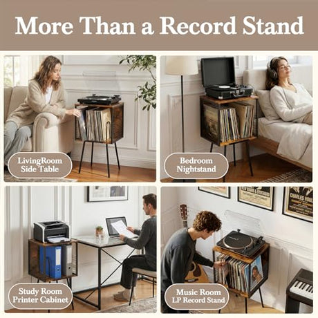 Faesun Record Player Stand with Storage Holds 100+ Vinyl Records, Industrial Turntable Stand with Storage Shelf, LP Album Organizer Cabinet for Small Spaces,Rustic End Table Faesun