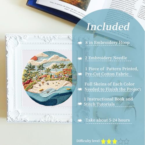 FONNUY Beach Ocean Embroidery Kit, Cross Stitch Kits for Beginners, Handmade Crafts with Printed Patterns for Beginner Adults, Easy to Follow Color Thread Needlework, 8'' Hoop (Coconut Tree)