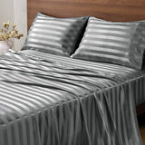 BEDELITE Satin Sheets Queen Size, Luxury Jacquard Striped Dark Grey Bedsheets with Elastic Corner Straps, Similar to Silk Sheets Set 4 PC with 1 Deep Pocket Fitted Sheet, 1 Flat Sheet, & 2 Pillowcases BEDELITE