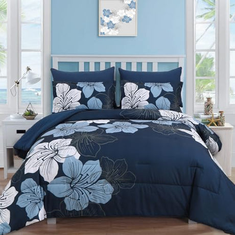 Luxudecor Navy Blue Comforter Set Queen Size, 7 Pieces Bed in a Bag Navy Blue Floral Comforter and Sheet Set, Soft Microfiber Complete Bedding Sets for All Seasons Luxudecor