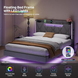 Dnxao Floating Bed Frame Queen with Hidden Storage Headboard, Heavy Duty Metal Platform with Dual Zone LED Lights & Charging Station, Noise Free No Box Spring Needed, Gray Linen Upholstered Dnxao