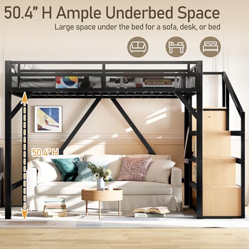 Bellemave Queen Loft Bed Frame with Storage Stairs, Beside Shelf & Wardrobe, Metal Queen Size Loft Bed with USB Ports&LED Light, Large Under-Bed Space Loft Beds for Adults,Teens, Kids, Black Natural Bellemave