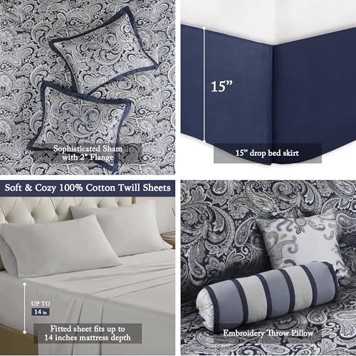 Madison Park Aubrey Cozy Comforter Set, Faux Silk Jacquard Paisley Design - All Season Down Alternative Bedding with Cotton Bed Sheets, Bed Skirt & Toss Pillows, King Navy 12 Piece Madison Park