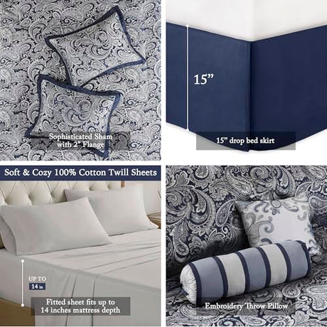 Madison Park Aubrey Cozy Comforter Set, Faux Silk Jacquard Paisley Design - All Season Down Alternative Bedding with Cotton Bed Sheets, Bed Skirt & Toss Pillows, King Navy 12 Piece Madison Park