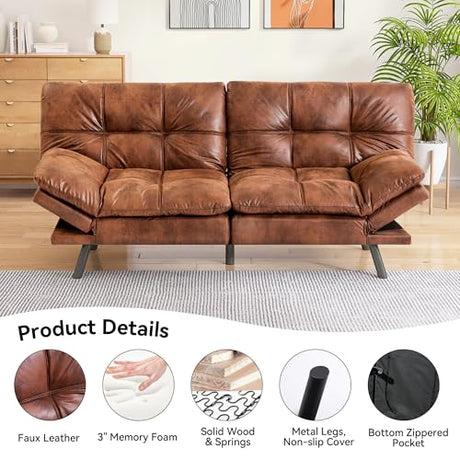 AMICLIBER Faux Leather Futon Sofa Bed,Convertible Futon Couch,Memory Foam Loveseat Sleeper Sofa,Small Splitback Modern Folding Couch for Living Room,Office,Apartment,Retro Brown AMICLIBER