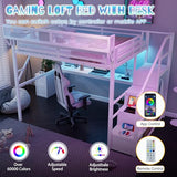 MoproBeti Queen Loft Bed with Desk and Stairs, Metal Lofts Bed Queen Size with Upper Storage Shelf, Gaming LoftBed with LED, Charging Station and Wardrobe for Teens, Adults,White MoproBeti