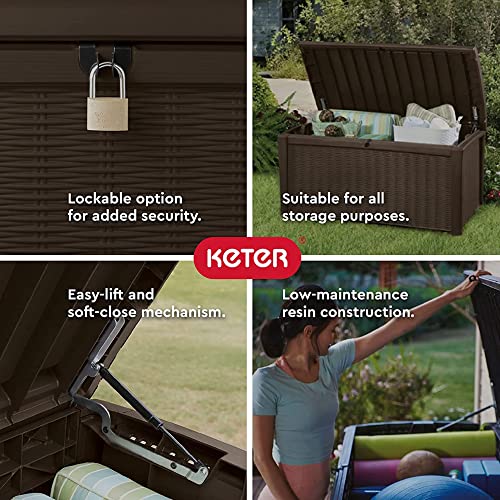 Keter Borneo 110 Gallon Resin Backyard Deck Box, Lockable Patio Storage Bench and Outdoor Poolside Accessory Organizer, Brown Keter