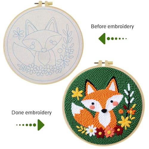 JOZYSH Punch Needle Embroidery Starter Kits for Beginners Cute Cartoon Animal Embroidery Hoops,Color Threads,Instructions and Needles,DIY Adults Embroidery (Fox)