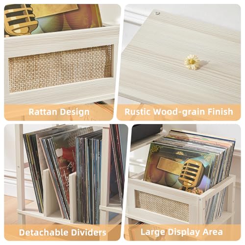 LELELINKY Record Player Stand, White Cream Oak Wood Record Holder with Vinyl Storage Holds up to 300+ Albums, 3-Tier Rattan Media Table with Vinyl Display Shelf, Record Storage Cabinet for Living Room LELELINKY