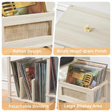 LELELINKY Record Player Stand, White Cream Oak Wood Record Holder with Vinyl Storage Holds up to 300+ Albums, 3-Tier Rattan Media Table with Vinyl Display Shelf, Record Storage Cabinet for Living Room LELELINKY