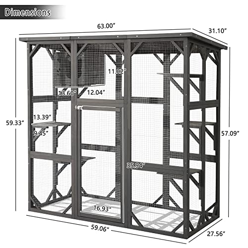 MAGIC UNION Large Fir Wooden Outdoor Indoor Catio Cat Enclosure with Weather Protection Roof with Cattery and 5 Platforms MAGIC UNION
