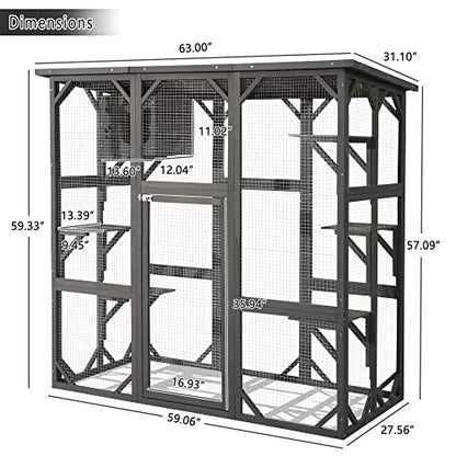 MAGIC UNION Large Fir Wooden Outdoor Indoor Catio Cat Enclosure with Weather Protection Roof with Cattery and 5 Platforms - WoodArtSupply