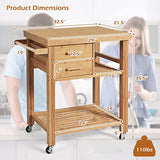 PETSITE Bamboo Kitchen Island Cart, Butcher Block Table on Wheels with Drawers, Shelves, Towel Rack PETSITE