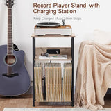 AMHANCIBLE Record Player Stand with Charging Station, Turntable Stand with Storage Cabinet, 3 Tier End Table Hold Up to 100 Albums, Record Stand for Vinyl, Living Room, Greige, HETCD01GY-1 AMHANCIBLE