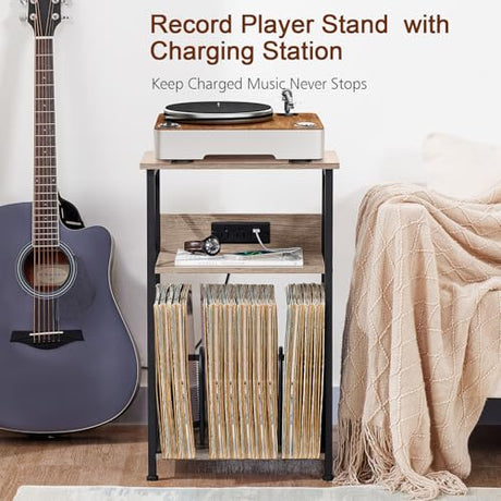 AMHANCIBLE Record Player Stand with Charging Station, Turntable Stand with Storage Cabinet, 3 Tier End Table Hold Up to 100 Albums, Record Stand for Vinyl, Living Room, Greige, HETCD01GY-1 AMHANCIBLE