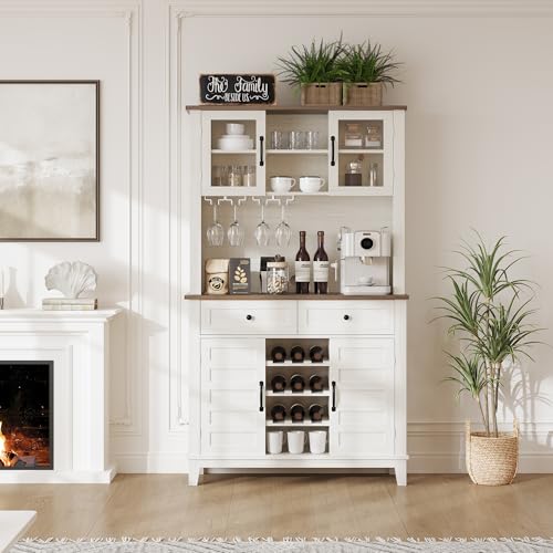 GarveeHome 72 in Tall Kitchen Pantry Cabinet, Kitchen Hutch Bar Cabinet with Microwave Stand, Cupboard with Drawers Glass Doors for Dining Room, White (Antique White, 40" Wide) GarveeHome