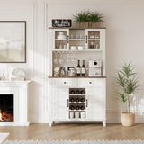 GarveeHome 72 in Tall Kitchen Pantry Cabinet, Kitchen Hutch Bar Cabinet with Microwave Stand, Cupboard with Drawers Glass Doors for Dining Room, White (Antique White, 40" Wide) GarveeHome