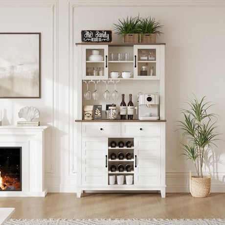 GarveeHome 72 in Tall Kitchen Pantry Cabinet, Kitchen Hutch Bar Cabinet with Microwave Stand, Cupboard with Drawers Glass Doors for Dining Room, White (Antique White, 40" Wide) GarveeHome