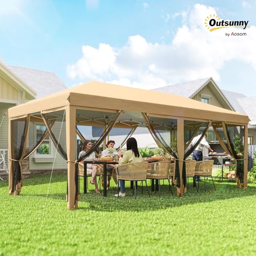 Outsunny 10' x 20' Pop Up Canopy Tent with Netting, Heavy Duty Instant Sun Shelter, Large Tents for Parties with Carry Bag for Outdoor, Garden, Patio, Beige Outsunny