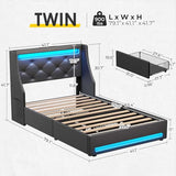 Rolanstar Twin Bed Frame with LED Lights and Charging Station, PU Leather Bed with Drawers, Wooden Slats, Noise Free, Easy Assembly, Black Rolanstar