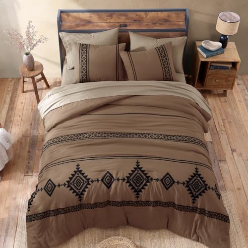 MaiRêve Embroidery Full Size Comforter Set Brown, Farmhouse Western Boho Bedding Set 7 Pieces, All Season Bed in A Bag Comforter Set with Sheets, Pillowcases & Shams MaiRêve