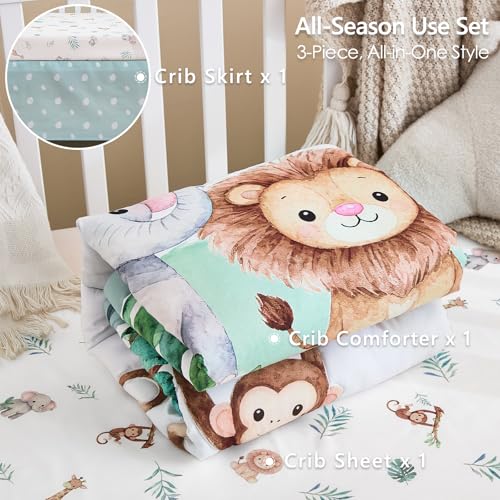 NacoMoco 3-Piece Crib Bedding Set for Boys Girls - Ultra Soft & Skin Friendly Baby Bedding Set Includes Crib Comforter, Sheet & Crib Skirt (Safari) NacoMoco