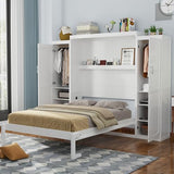 Ball & Cast Queen Size Murphy Bed W/ 2 Wardrobe & Storage Shelf,Horizontal Wall Bed W/Top Display Shelf,Space-Saving Murphy Bed Cabinet for Home Office,Apartment,Guest Room,White Ball & Cast