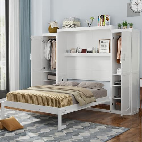 Ball & Cast Queen Size Murphy Bed W/ 2 Wardrobe & Storage Shelf,Horizontal Wall Bed W/Top Display Shelf,Space-Saving Murphy Bed Cabinet for Home Office,Apartment,Guest Room,White Ball & Cast