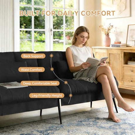 COMHOMA 72″Futon Sofa Bed,Modern Convertible Sleeper Sofa, Fabric Futon Couch with Multi-Position Backrest for Living Room Furniture (Black) COMHOMA