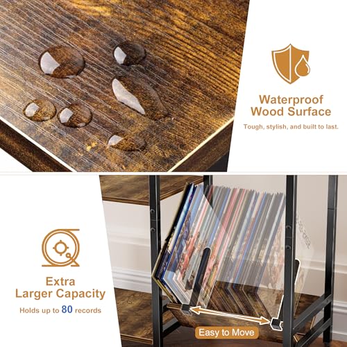 HYPIGO Record Player Stand with Power Outlets, Turntable Stand with Vinyl Record Storage Holds 300+ Albums, Record Player Table with Vinyl Display Holder for Living Room HYPIGO