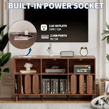 55 in Large Record Player Stand with Charging Station - Vinyl Record Storage Cabinet with 2 USB Ports, Open Shelves & Turntable Holder, Mid-Century Modern Wood TV Media Console for Living Room Garvee