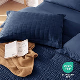 MUXHOMO 7 Pieces Queen Comforter Set, Seersucker Bed in a Bag Queen Size, All Season Luxury Bedding Set with Comforter, Flat Sheet, Fitted Sheet, Pillowcases & Shams, Navy Blue MUXHOMO